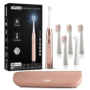 AGARO COSMIC PLUS Sonic Electric Tooth Brush For Adults with 5 Modes, 5 Brush Heads, 1 Interdental Head, Carry Case & Rechargeable with 4 Hours Charge Lasting Up to 25 Days, Power Toothbrush, (Rosegold)