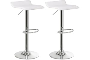 LOLAhome Set de 2 Taburetes de Cocina Giratorios en 360°, Juego de Sillas de Bar Regulables en Altura de 63 a 84 cm, Material Polipiel, Estructura Metal y Reposapiés, Blancos