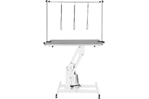 MONSTER SHOP Tavolo Idraulico Toelettatura Cani - Altezza 55-101 cm, Capacità 180 kg, Bianco - Piano Grigio, Antiscivolo 106x61 cm, Acciaio Bianco, Piedini Livellanti, 3 Guinzagli
