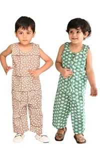 Baby Boys Clothes Top Pyjama Set (Combo Pack of 2 Set) 2-3 Years Toddler Kids Cotton Set (Green:White & Brown:White)