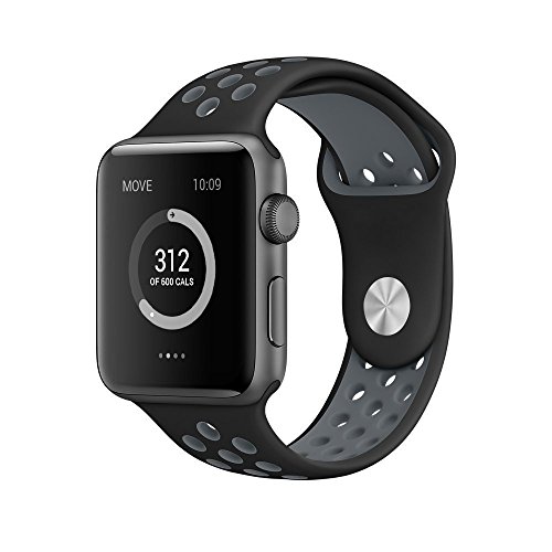 Correa Apple Watch 42mm Pulsera iWatch de Reemplazo Ajustable, Banda Silicona para Reloj Apple, Brazalete Deportivo Flexible y Transpirable para Apple Watch Series 1 / 2 / 3, Negro y Gris