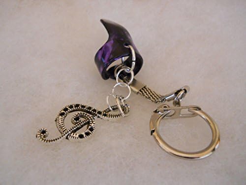Handmade Purple Guitar Fingerpick Keyring, With Treble Clef And Small Hollow Heart Charms. Free Gift Box.
