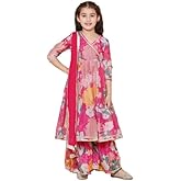 Bitiya By Bhama Girls Pink Floral Printed Angrakha Gotta Patti Kurta with Sharara & With Dupatta(TKS139)