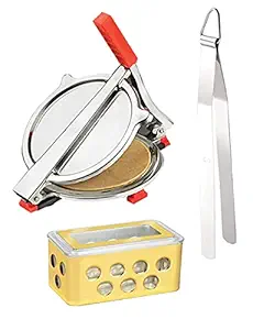 Vessel Crew Combo of Stainless Steel Puri/Roti Maker Press, Stainless Steel Roti Chimta/Tong and Plastic Butter Pot