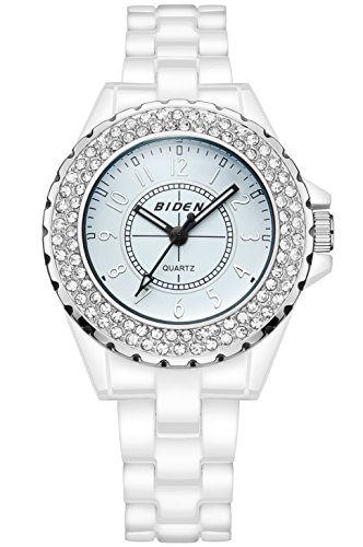 Damen Jugendliche Mädchen Weiß Keramik Wasserdicht Designer Uhren Frauen Mode Elegant Geschäft Analog Quarz Armbanduhr Weiblich Luxus Bling Kristall Akzentuiert Uhr mit Keramik Uhrenarmband