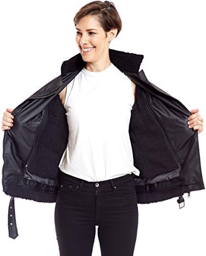 James Products Womens Vegan Leather Aviator Jacket Removable Faux Fur Liner 'Kathryn' (M, Black With Black Liner)