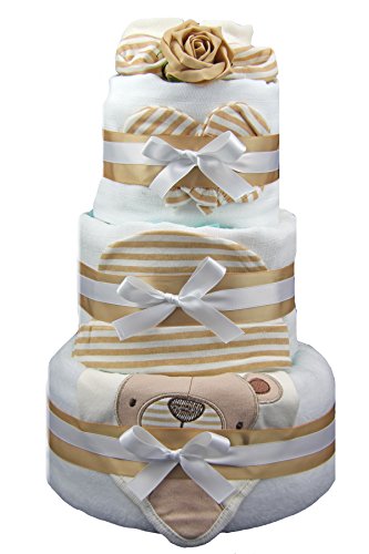 New Beige & White 3 tier Teddy Bear nappy cake - Baby Unisex maternity shower gift / present