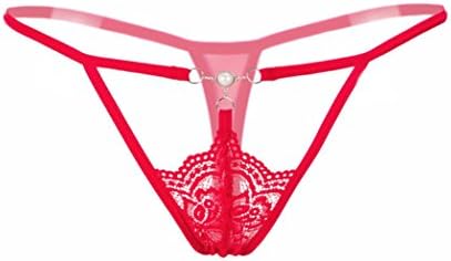 Yuelie Women Sexy Lace Pearl Low-Waist Hollow Out Strappy Seamless Panty G-String Thong Briefs Underwear For Sex (Free Size, Red)