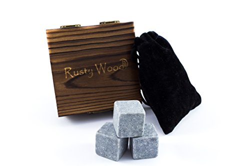Whisky Steine von Rusty Wood, 6 wiederverwendbare Eiswürfel aus Stein mit hygienischem Samtsäckchen, mit rustikalem Holzkästchen perfekt als Geschenk – reusable Whiskey Rocks - 3