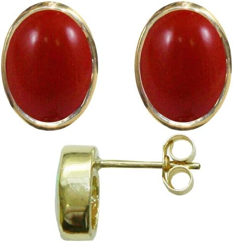 Stunning ladies solid 9ct yellow gold hallmarked single stud Oval Earrings set with Red Coral
