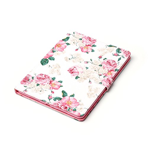 Etsue für Apple iPad Pro 9.7 Zoll [Rot Rose Blume] Ledertasche Case Hülle,Bunte Retro Painted Leder Schutzhülle Smart Case Ultra Slim Flip Folio Etui Tasche Leder Case mit Standfunktion Kartenfächer Magnetverschluss im Bookstyle für Apple iPad Pro 9.7 Zoll + 1x Glitzer Staub Stecker + 1x Blau Eingabestift - 2