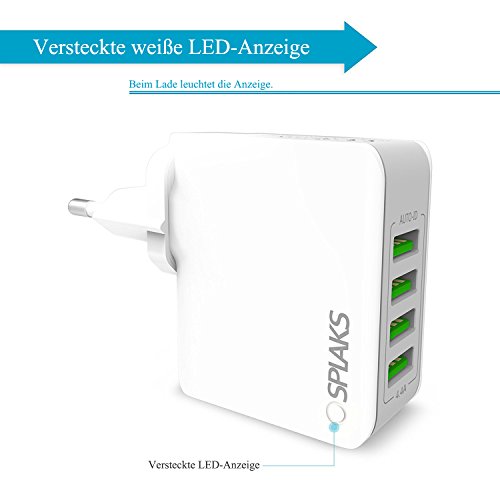 USB Ladegerät, Splaks [Built-in Safety Protection] 4-Port Schnell Aufladen Ladestecker Ladeadapter Ladegerät Charger USB-Netzteil mit Smart-Detective Technologie für iPhone iPad Tablet Samsung Galaxy, HTC, Sony, LG, Nexus,Motorola usw.EU-Stecker, weiß - 4