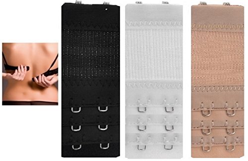 3 Extenders Strap 3 x 2 Hooks Bra Extender Extension Strap in 3 Colours (Black White Nude) 4cm