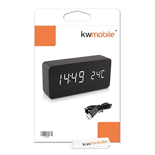 kwmobile Wecker Digital Uhr aus Holz groß mit Geräuschaktivierung, Temperaturanzeige und Tastaktivierung in schwarz mit weißen LEDs - 5