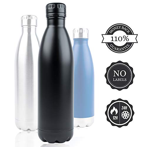 Botella Negro 750ml Acero Inoxidable - Caño seguro Botella de agua 0.75l aislado - 110% Premium garantía. Sin BPA, Exterior, deportes con bambú Tapa, no de plástico, sin Logotipos