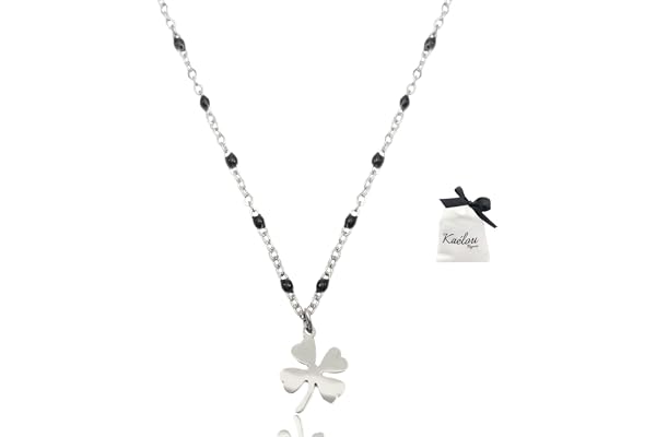 Collier Femme Pendentif Trèfle Chaîne Acier Inoxydable Argenté Artisanal Perles Porte Bonheur Fait Main Trèfle à 4 Feuilles Idée Cadeau Anniversaire Noel Fête Mères Hypoallergénique (45, Noir)