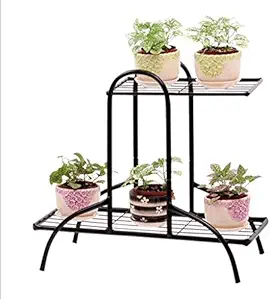 Weston Crafts 2 Tier Plant Flower Pot Rack Stand Indoor Outdoor Planter Holder Floor Support Stand Garden Patio Standing Herb Shelf Decoration Display Holder Iron Art (Color Black)