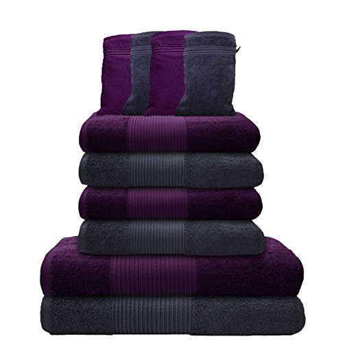 Liness 10 tlg Handtücher Set grau lila 4 Handtücher 50x100 cm 2 Duschtücher Badetücher 70x140 cm 4 Waschhandschuhe 100% Baumwolle Duschtuch Badetuch Handtuch Set lila grau anthrazit