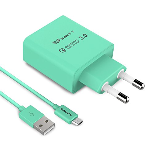 SAVFY USB Schnellladegerät [Qualcomm Quick Charge 3.0] 18W mit Mikro USB Schnellladekabel Highspeed USB Ladegerät für Smartphones & Tablets und andere USB ladende Geräte Mintblau