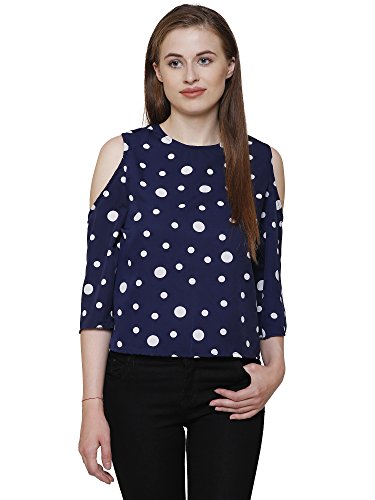 Navy Blue cold shoulder long sleeves polka dotes crepe women