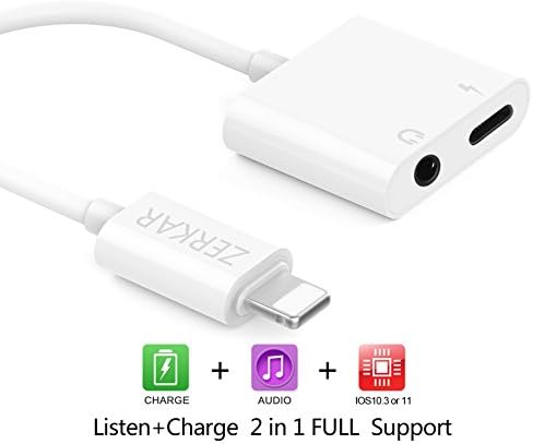 iphone x Adapter Splitter Headphone Jack Lightning to 3.5mm Adapter for iphone 8 to Charge and listen to Headphones No noise [Support iPhone iPod iPad ] (Without Phone Answer Function) (White)