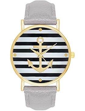 Damenuhr Maritim Segler Farbe: Grau Gold Style: Anker Matrosen Sailor Matrosenstreifen Matrosenkostüm ( Armbanduhr...