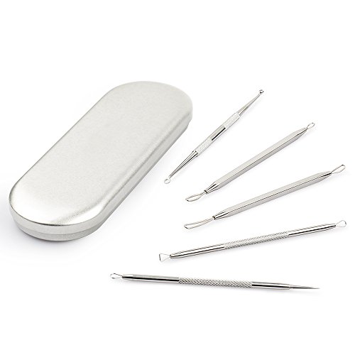 Auxent Mitesserentferner Nagelhautschieber Komedonenquetscher Set aus Edelstahl in 5 Stücke, Rostfrei, Silber - 7