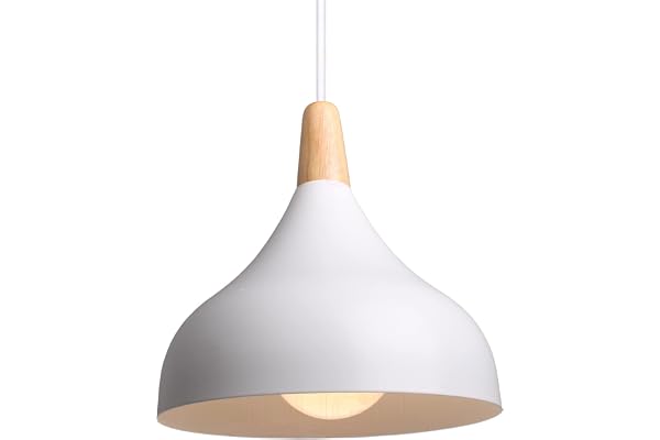 iDEGU Lustre Suspension Rétro Suspension Luminaire Moderne Style Goutte Chapeau Plafonnier E27 Métal Bois Lampe Suspension pour Chambre Salle à Manger Cuisine, Ø 20CM (Blanc 1 Pack)