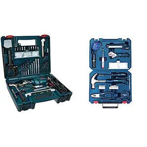 Bosch GSB 600 RE 13mm 600 Watt Corded Smart Drill Kit,Silver & Hand Tool Kit (Blue, 66 pieces)