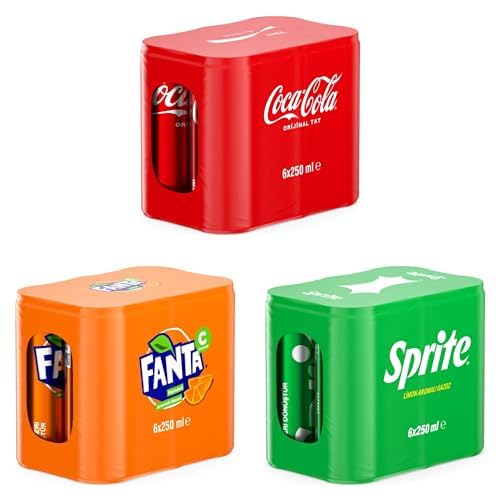 Coca-Cola Orijinal Tat, Fanta Portakal Aromalı Gazoz ve Sprite Limon Aromalı Gazoz, Kutu, 250 ml, 6+6+6 Adet
