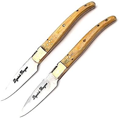 6240. 2 x 14cm butter knife Teak wood handle Laguiole Bougna France.Forged hand finished inlaid filigree spine handles,brass bolster. individually made using natural materials, no two sets will be the same