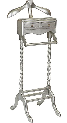 MOREKO Antik-Stil Stummer Diener Silber Mahagoni Massiv-Holz Herrendiener Kleiderständer mit Hosenhalter und Kleiderbügel
