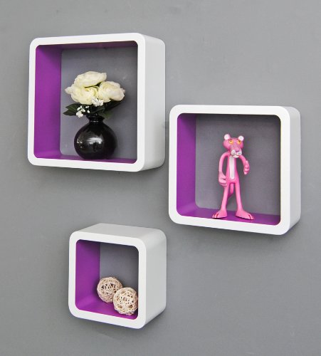 3er Set Lounge Cube Regal Design Retro 70er Wandregal Hängeregal in Weiß Lila - 2