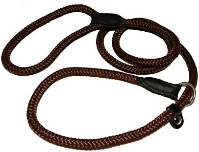 Brown Strong Rope Dog Training Rolled Lead Slip Choker 120cm with Black Leather Finish (12mm thick)