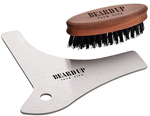 Premium Bartpflege Set | Edelstahl Bart Schablone und Bartbürste | Rasur und Pflege wie vom Barbier | gleichmäßiges auftragen von Bartöl | wohltuende Massage durch abgestufte Wildschweinborsten | Styling rasieren und trimmen leichtgemacht | Made in Germany | Anleitungsvideo | Gratis E-Book