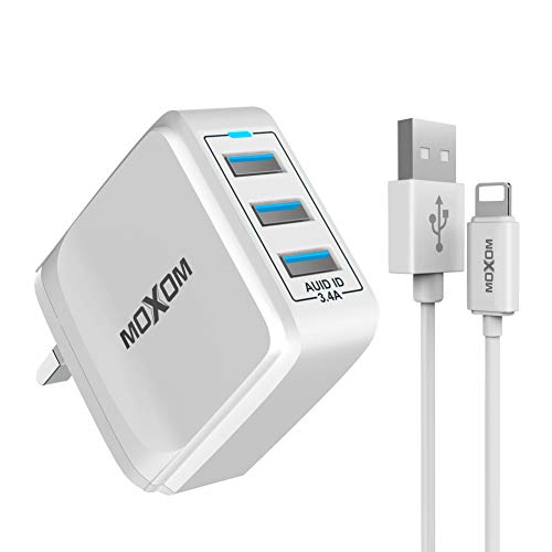 MOXOM USB Charger Plug 3 Ports 3.4A Fast Charging Wall Charger UK Plug Travel Power Adapter Compatible with Samsung Galaxy S6 / S7 / S5 / S4 / Sony/LG/Nexus/Kindle/Motorola/iPhone/iPad/iPod