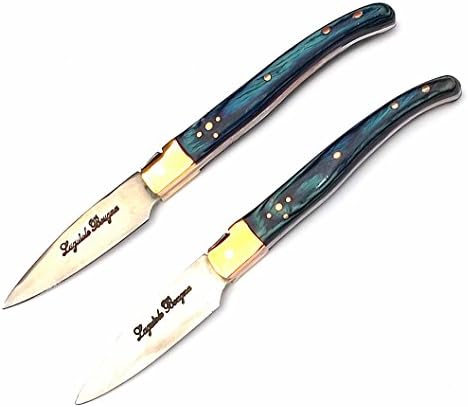 6312 . 2 x 14cm butter knife blue hardwood Laguiole Bougna France.Forged hand finished inlaid filigree spine handles,brass bolster. individually made using natural materials, no two sets will be the same