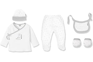 Danielstore Set Regalo Primera Puesta Bebe Recien Nacido 5 Piezas Conjunto Primera Puesta Bebe con Chaquetita.Polaina,Gorro,Babero Y Manoplas.Algodón Orgánico e Hipoalergénico