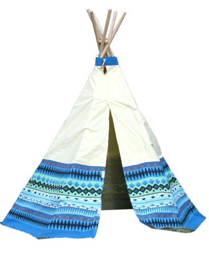 Garden Games Limited Children's Aztec Teepee Wigwam Play Tent with Wooden Frame and Natural Cotton Canvas Blue