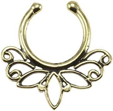 Brass Tribal Lotus Design Fake Septum Ring - 7mm (0.3") Inner Hoop with Adjustable Opening - Street Habit Jewelry