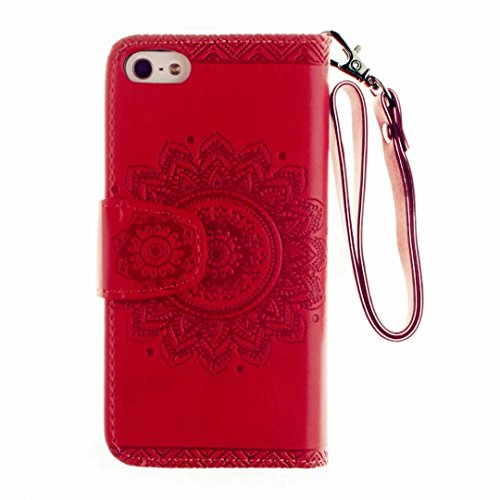 MUTOUREN für iPhone SE 5 5S Hülle Schutzhülle PU Leder Bookstyle Handyhülle Brieftasche Wallet Schale Portemonnaie Klapphülle mit Standfunktion Taschen kratzfeste Stoßfest Magnetic Snap Bumper Schale – Geprägte Muster indische Mandala Rot + Stylus Touch Pen - 4