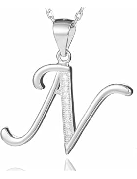 Morella Damen Halskette Silber mit Buchstabe N Anhänger 925 Silber rhodiniert mit Zirkoniasteinen weiß 45 cm
