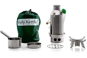 Kelly Kettle - Kit basique 'trekker' - Bouilloire acier inox 0.57L + ensemble de cuisson en acier + support pot en acier - Réchaud à bois léger ultra rapide - Sans batteries, sans gaz, sans coûts de carburant - Pour trek, randonnée, kit sac à dos - Poids 1.04kg