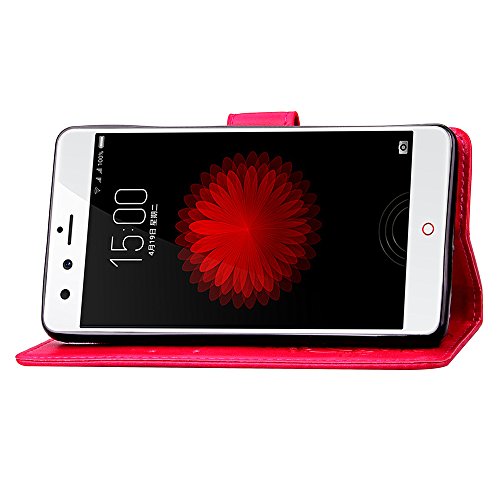 Nubia Z11 mini Hülle, ZTE Nubia Z11 mini Case,Cozy Hut Lucky Clover Muster Kunstleder Ledertasche Schutzhülle Case Tasche Cover Tasche for ZTE Nubia Z11 mini, Bunte Retro Muster Druck Buch-Stil Bookstyle Flip Magnetverschluss Brieftasche Geldbörse Wallet Kreditkarte ID Card Slots PU Leder Beschützer Haut Schutzfolie Schutzhüllen Case Tasche Hülle Etui Schale Ständer Hülle Case mit Weich TPU Innere Hülle Case für ZTE Nubia Z11 mini (5 Zoll) – Rose Red Clover - 5