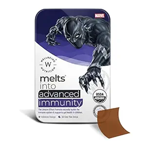 Wellbeing Nutrition Marvel Black Panther Melts | Kids Organic Advanced Immunity with Clinically proven Wellmune, Vitamin C, Zinc & Vitamin D3 | 100% Plant Based | Valencia Orange (30 Thin Strips)