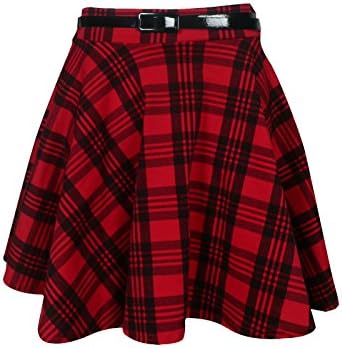 Rewatronics New Women's Red and Green Tartan Check Print Belted Skater Flared Skirt 8-22