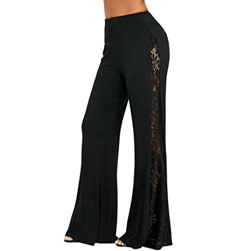 Lolittas Pantalon Large en Dentelle à Taille HauteMode Femmes Taille Haute Dentelle Insérer Pantalon Large Leg Leggings Pantalon Lâche (Noir, 2XL)
