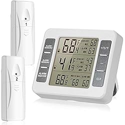 Sans fil Thermomètre de réfrigérateur réfrigérateur Thermomètre digital avec 2 pcs capteurs sans fil avec alarme sonore pour intérieur ou extérieur avec écran LCD facile à lire (batterie non inclus)