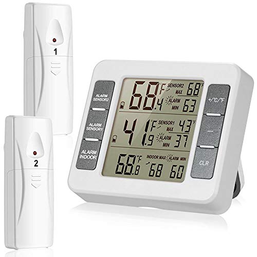 Sans fil Thermomètre de réfrigérateur réfrigérateur Thermomètre digital avec 2 pcs capteurs sans fil avec alarme sonore pour intérieur ou extérieur avec écran LCD facile à lire (batterie non inclus)