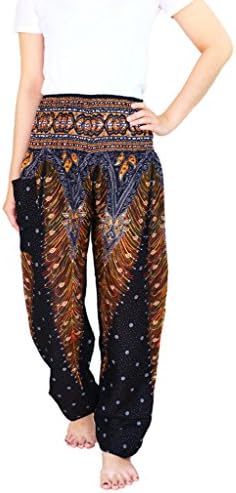 YAOWALUCK Harem Trousers - Aladdin Hippie Pants Yoga For Women &amp; Ladies (L, Peacock Black/Orange)